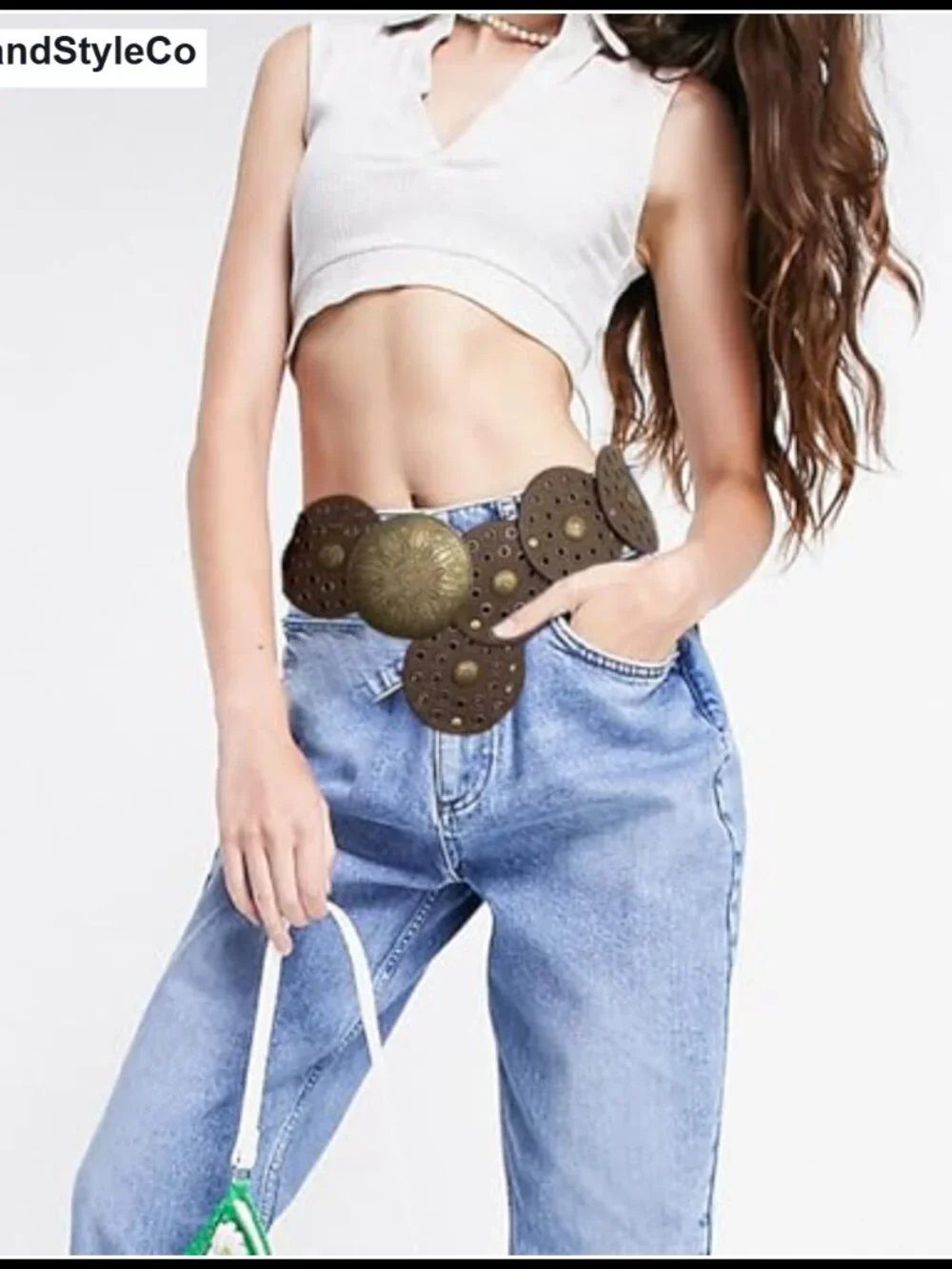 Chunky PU Leather Western Disc Belt, Boho Wide Waist Belt for Women
